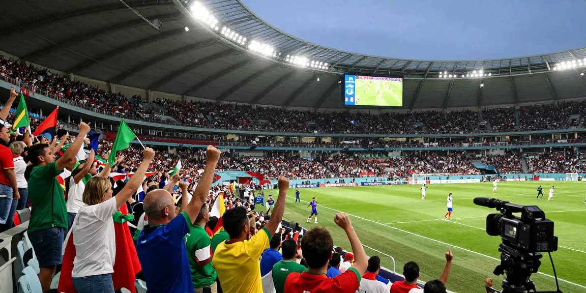 Jadwal Piala Dunia 2026 ditampilkan dengan penggemar merayakan di stadion penuh warna.