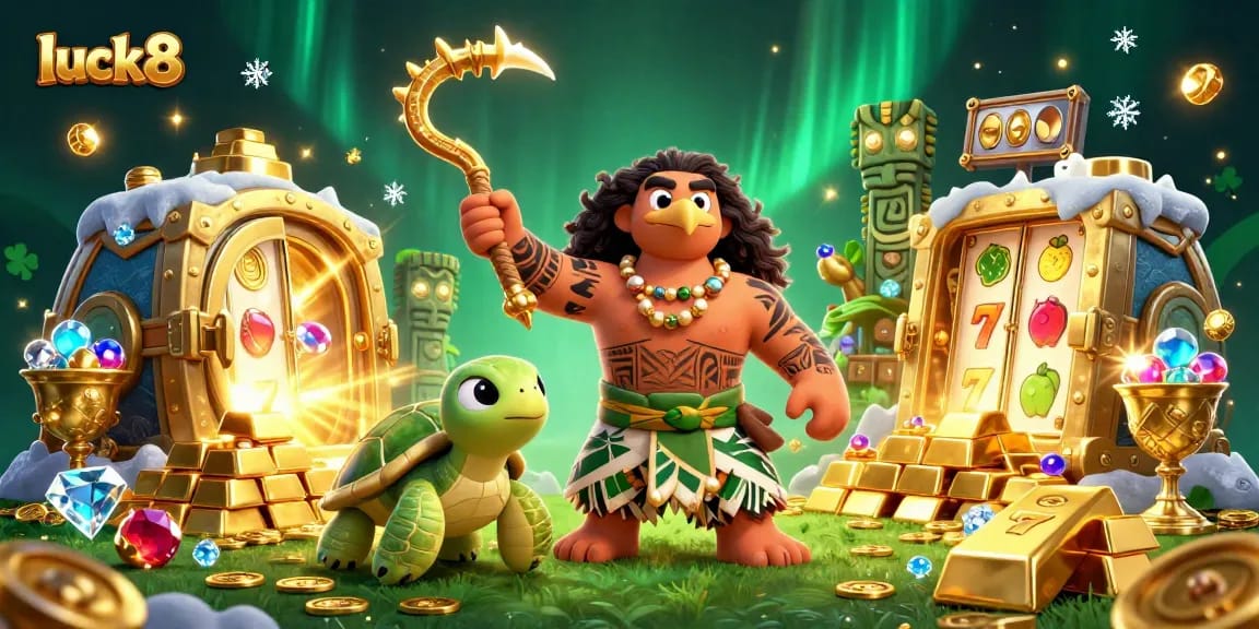 Spin to win with luck8: A vibrant 3D scene showcasing slot reels and treasure in a magical setting.