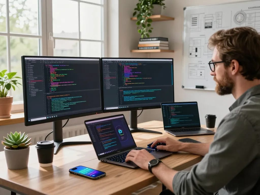 Developer utilizing Clawdbot mac on dual monitors in a modern workspace, showcasing productivity and tech integration.