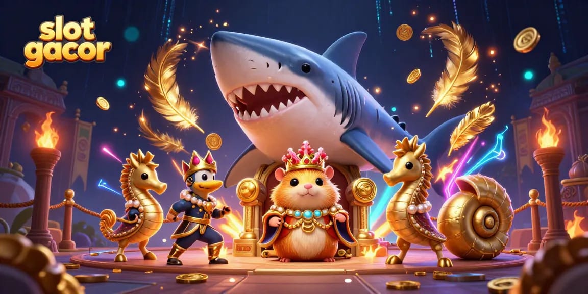 Raih keberuntungan dengan slot gacor yang menampilkan raja hamster emas di atas kursi gigi hiu
