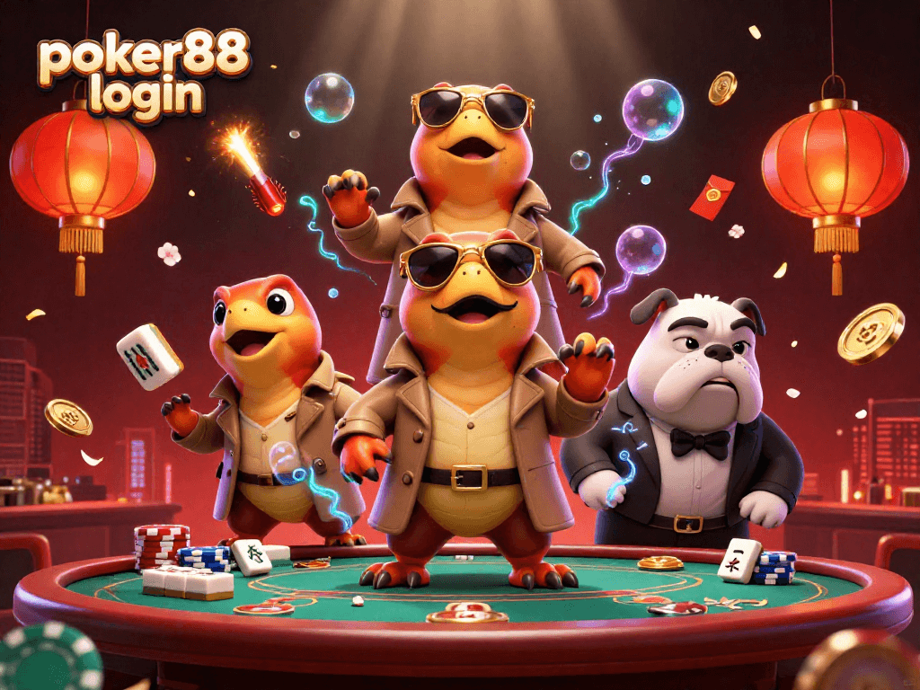 Engage with the poker88 login scene featuring raptors in disguise and vibrant casino elements.