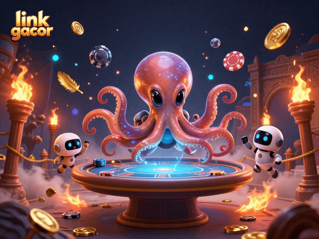 Engage with link gacor in an exciting digital poker scene featuring an octopus and robot.