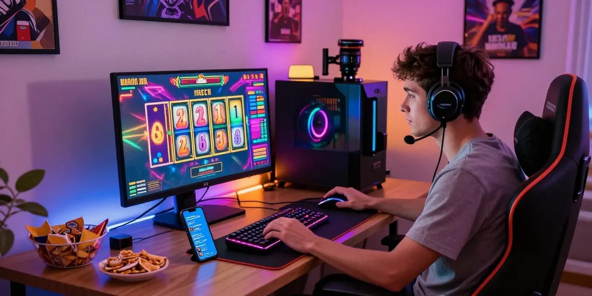 Gamer in casual attire excitedly engaged in an online slot game, showcasing vibrant gaming setup.