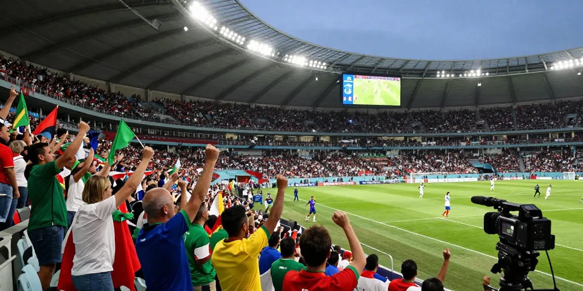 Jadwal Piala Dunia 2026 ditampilkan dengan penggemar merayakan di stadion penuh warna.