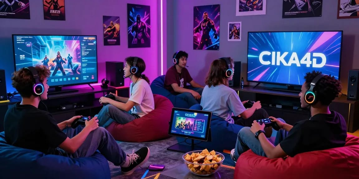 A diverse group enjoying online gaming on CIKA4D with vibrant atmosphere and gaming accessories.