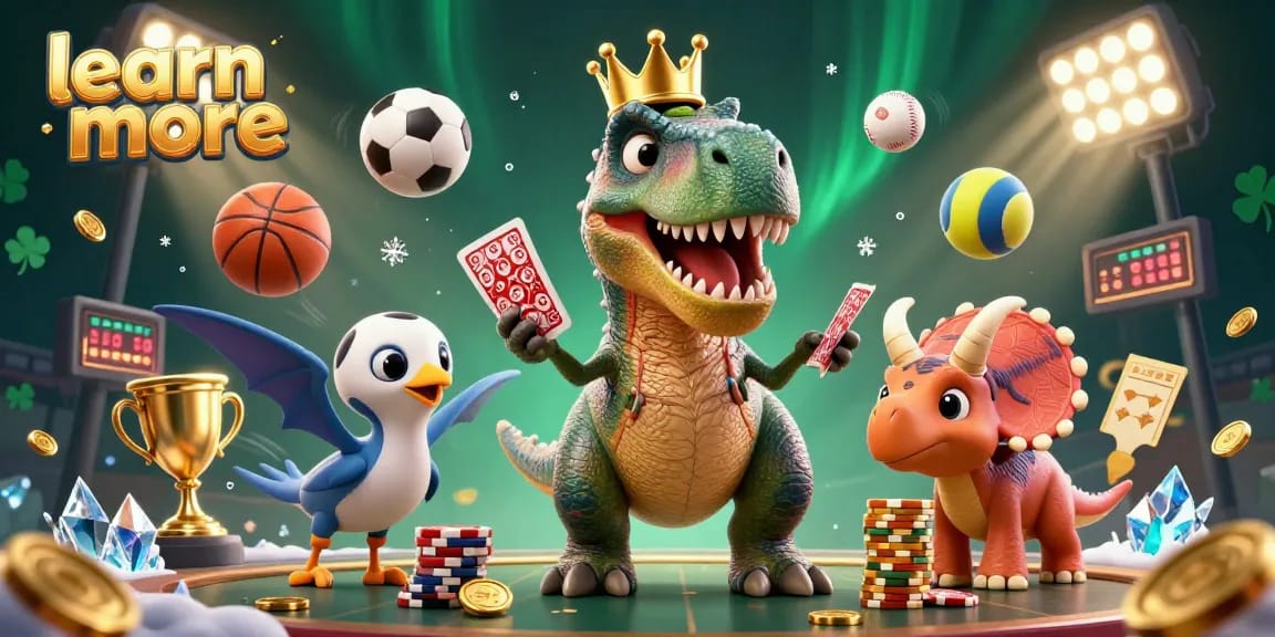 Learn more strategies in sports betting as a T-Rex shuffles cards and a pterodactyl assists.