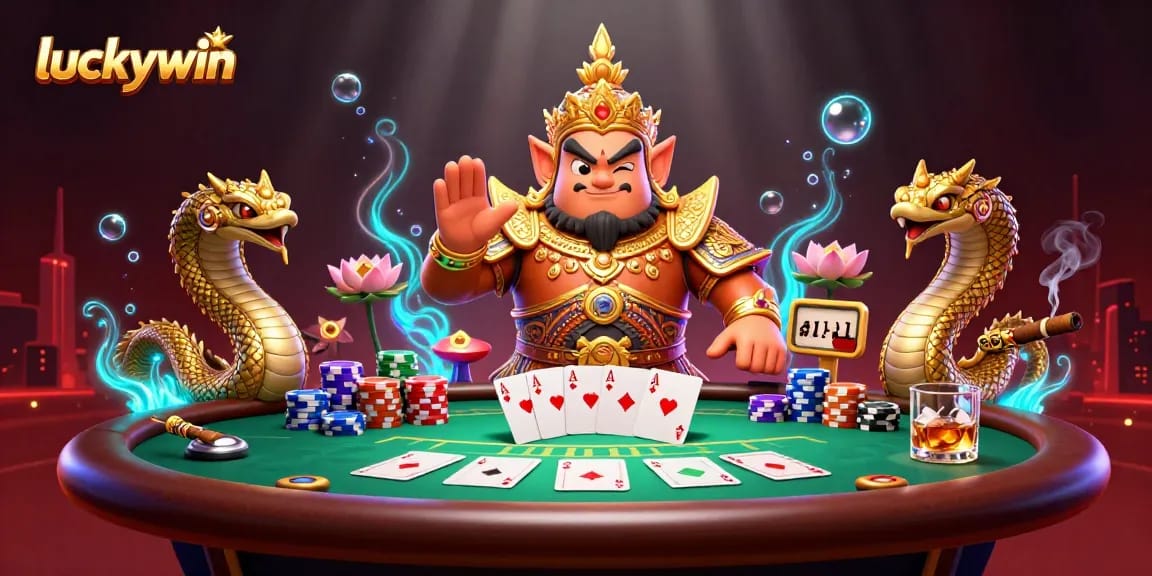 Engage with luckywin at a vibrant poker table surrounded by mystical elements and iconic characters