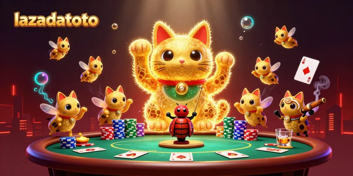 Experience the vibrant world of lazadatoto as a lucky cat and golden fireflies celebrate casino wins.