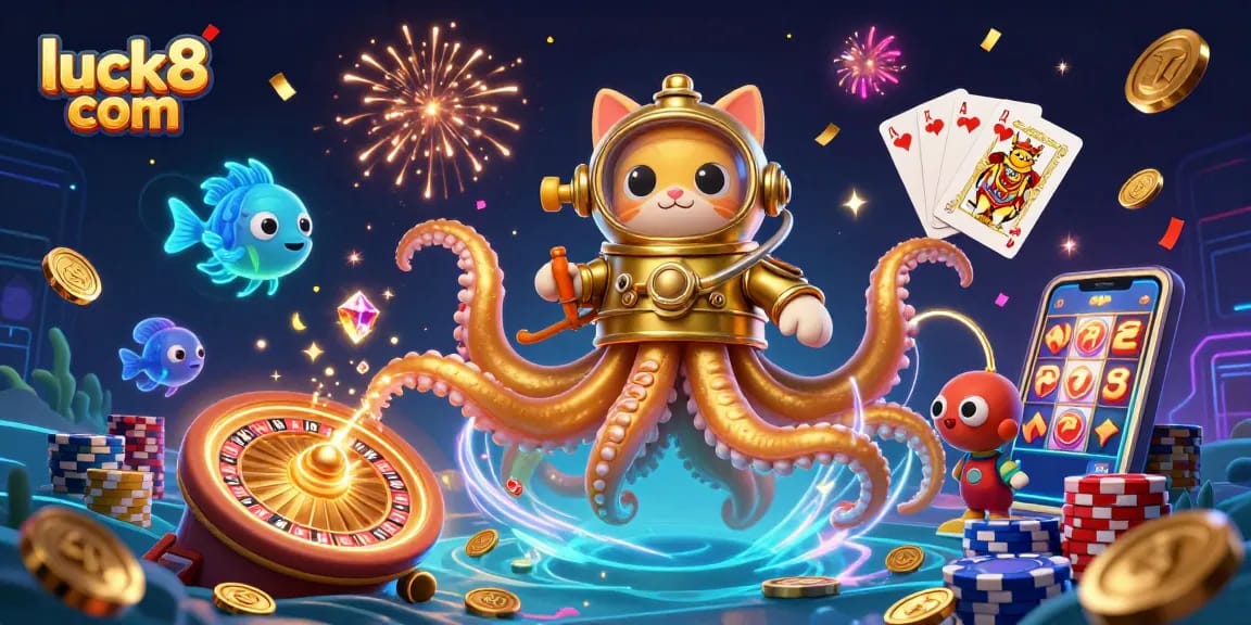 Experience excitement at luck8 com with a jubilant kraken and diving cat amid casino treasures.