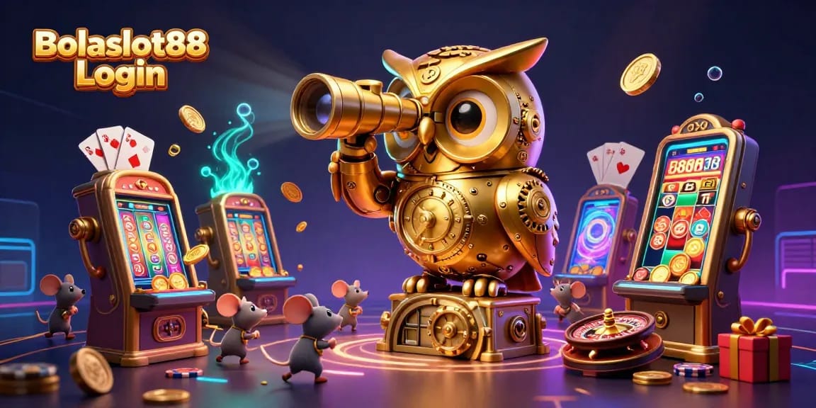 Bolaslot88 Login showcases a cartoon golden owl scanning a luxury casino with dynamic slot games.