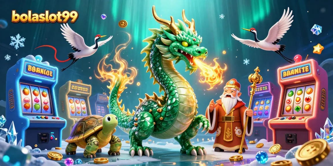Bolaslot99 showcases a vibrant scene with a jade dragon, turtle sage, and lucky cranes.