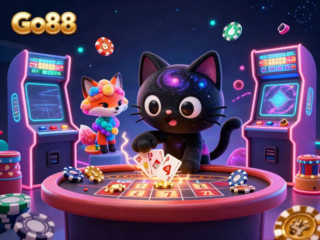 Go88 captures casino magic with a cosmic cat and gas cloud fox, surrounded by vibrant gaming elements.