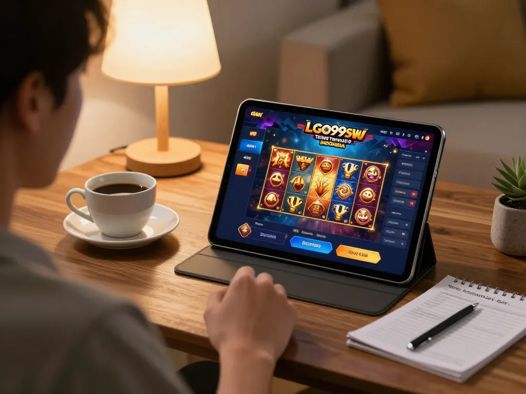 LGO99 Situs Game Online Terpercaya Di INDONESIA player engaged in online gaming at home with tablet showing attractive game interface.