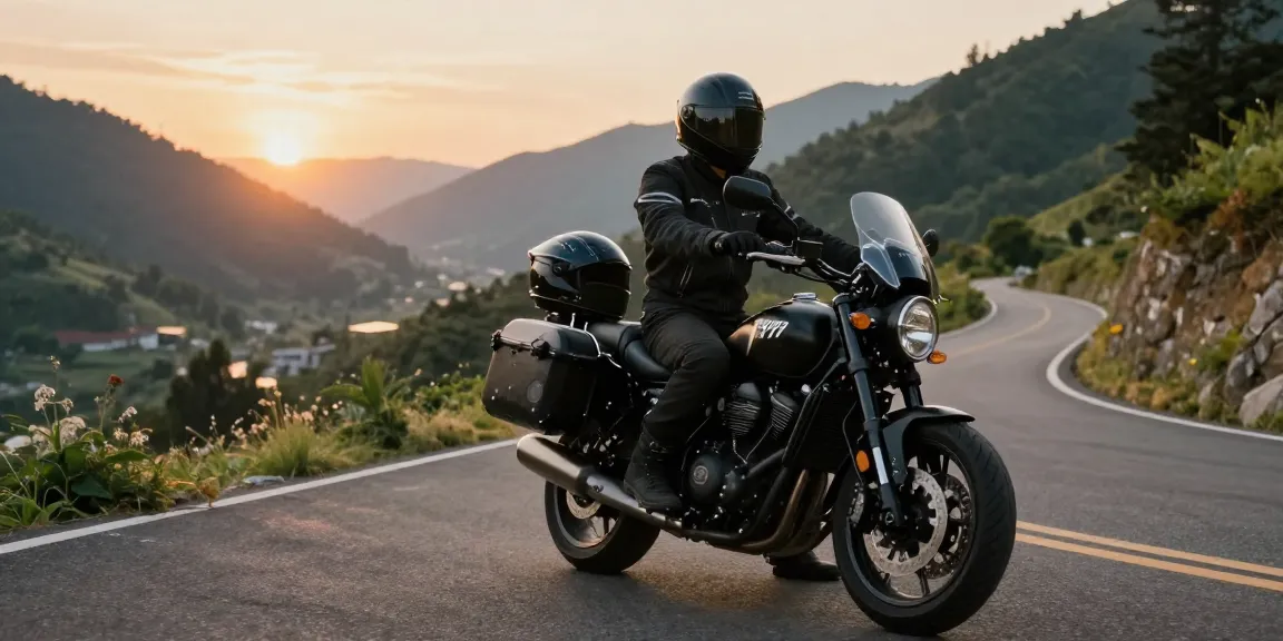 Pengendara motor mewah LUXURY 777 di jalanan pegunungan saat matahari terbenam, menciptakan nuansa petualangan dan kebebasan.