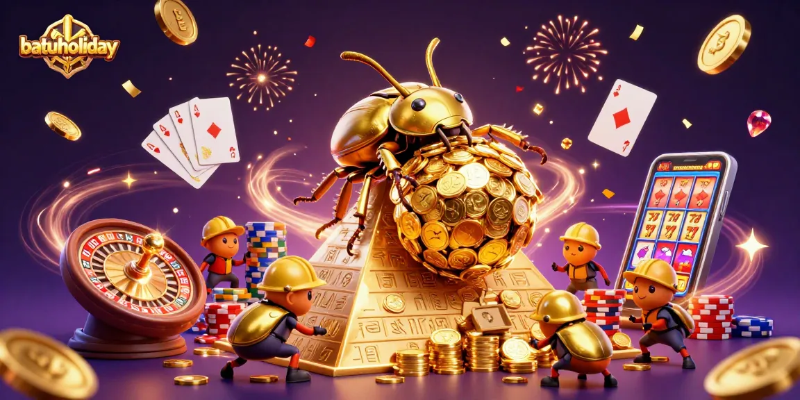 batuholiday showcases a vibrant 3D casino scene with golden coins and sparkling gems.