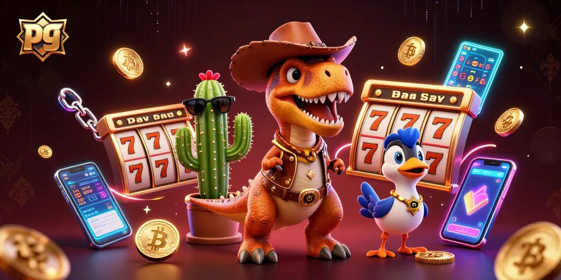 Engage in thrilling pg slot games with vibrant visualizations of T-Rex, cactus, and road runner characters.