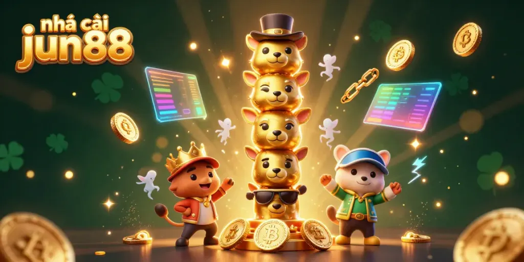 Engage with the vibrant action of nhà cái jun88 in a dynamic casino-themed scene filled with festive 3D elements.