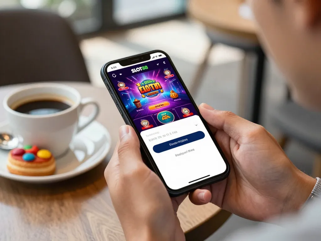 Akses login SLOT88 di smartphone di kafe yang nyaman, menikmati permainan online.
