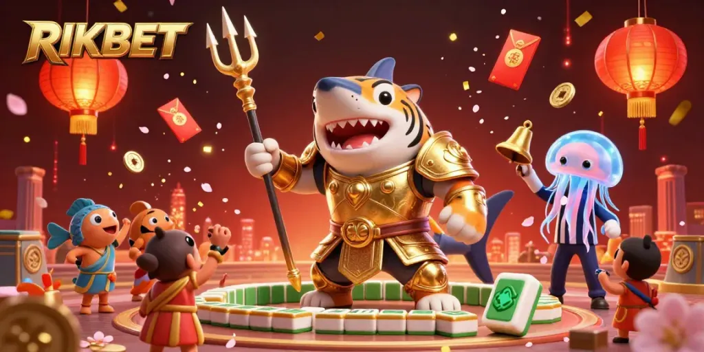 Experience the thrill of RIKBET with a dynamic underwater casino scene featuring a tiger shark in gladiator armor and game elements.
