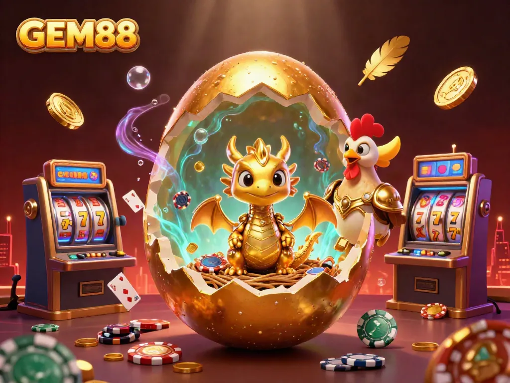 Experience the excitement of GEM88 with a golden dragon and casino elements in a vibrant 3D scene.