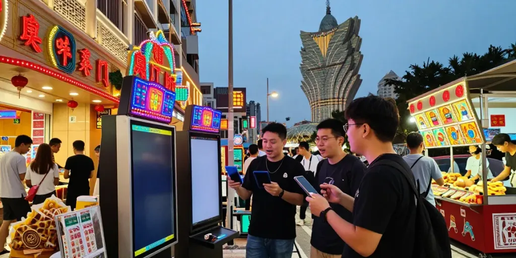 Suasana malam di Toto Macau dengan lampu neon, orang-orang berdiskusi tentang taruhan dan hasil lotere.