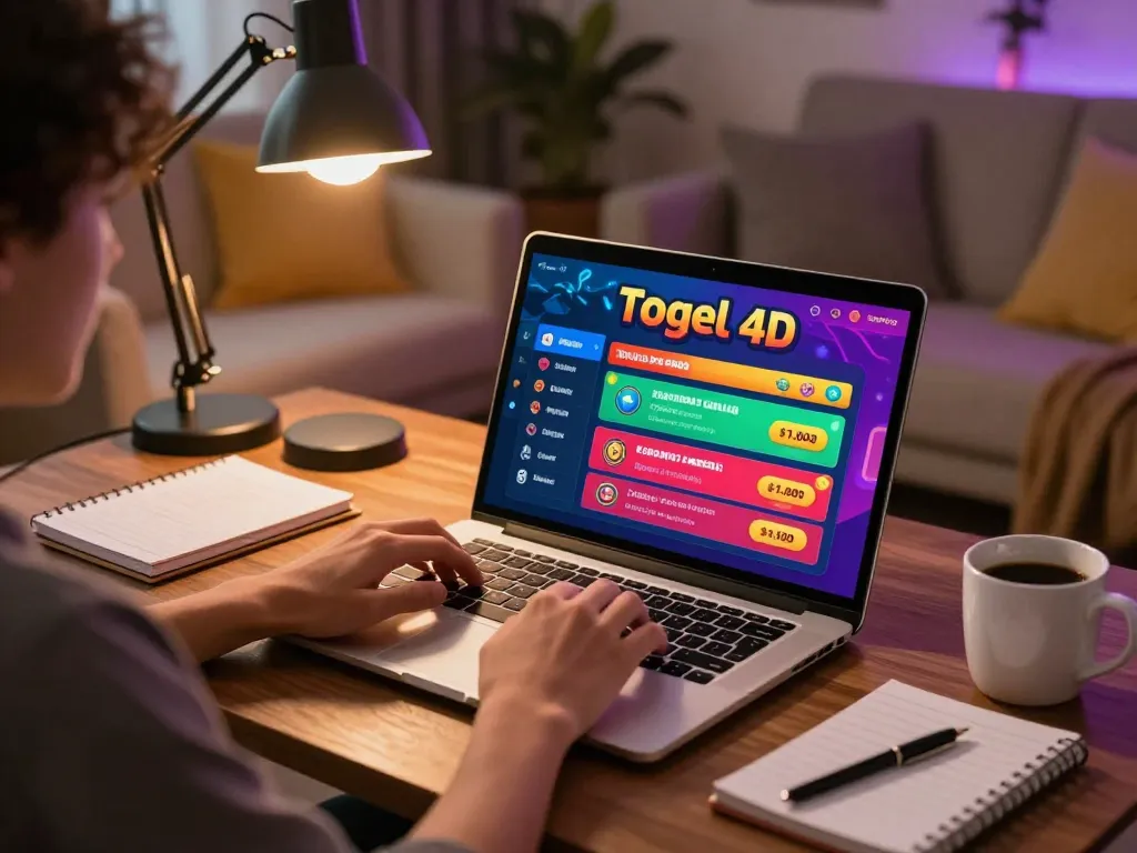 Bayi toto online gaming experience on a laptop in a cozy home setting with strategy notes.