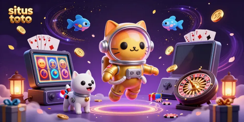 Win big at situs toto with colorful slot games and playful characters in a vibrant space scene.