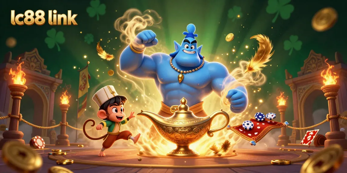 Engage with the exciting lc88 link scene featuring a magical genie, poker chips, and dynamic casino elements.