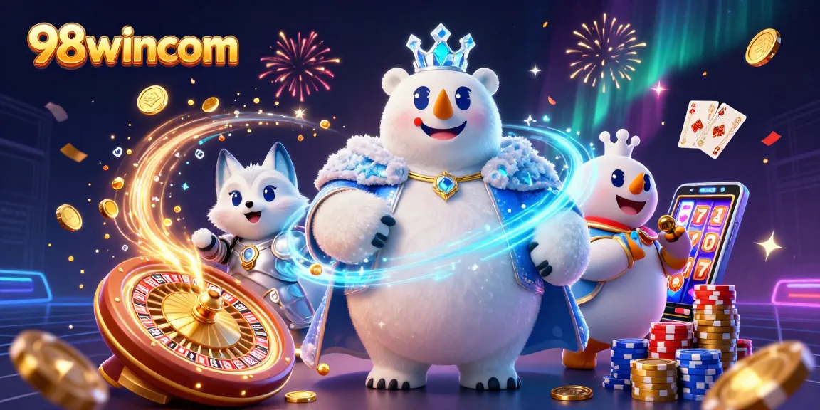 Win big with 98wincom while enjoying a vibrant casino adventure illustrated in 3D.