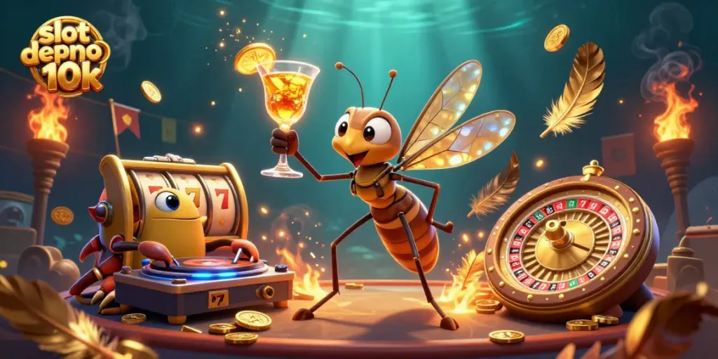 Experience winning thrills with slot depo 10k in this vibrant casino scene featuring unique characters.