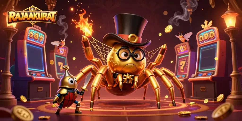 Engage with RAJAAKURAT's exciting slot game scene featuring a golden tarantula and a knight.