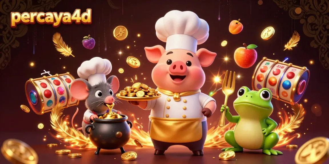 Gim seru di percaya4d, dengan karakter kartun memasak emas dan simbol slot yang berkilau.