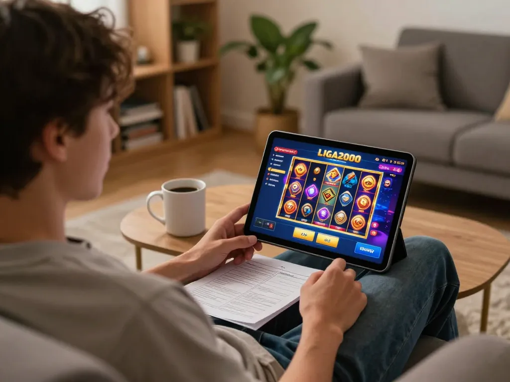 LIGA2000 player engaging with vibrant online slots on a tablet, enjoying responsible gaming in a cozy home setting.