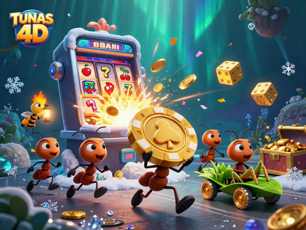 Experience TUNAS 4D with a vibrant 3D heist scene featuring ants carrying a giant poker chip.