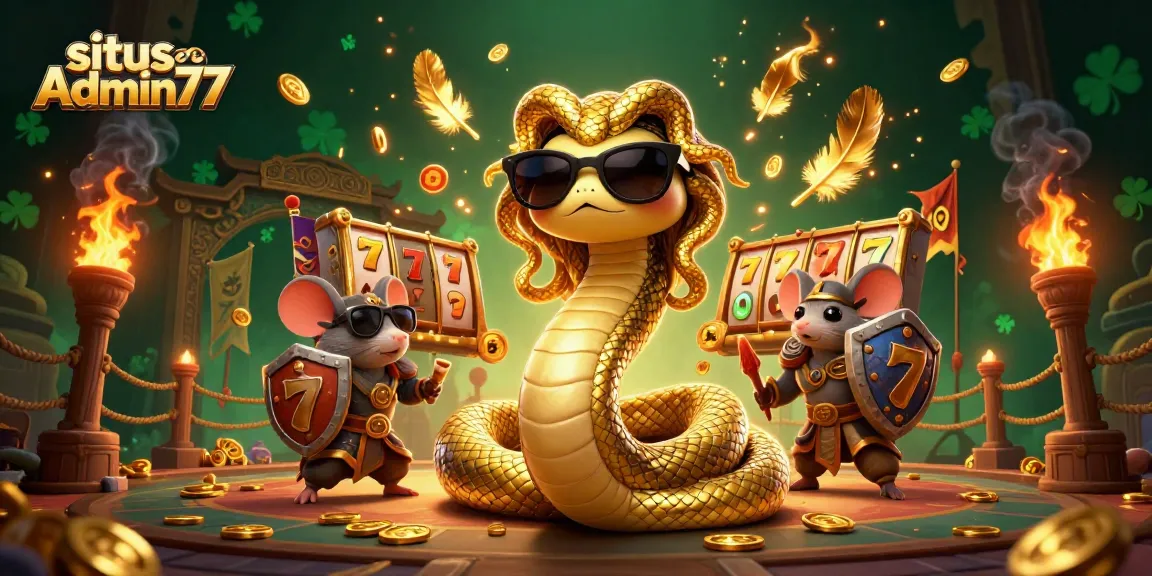 Spin to win big with situs Admin77 in a lively slot game atmosphere filled with golden coins.