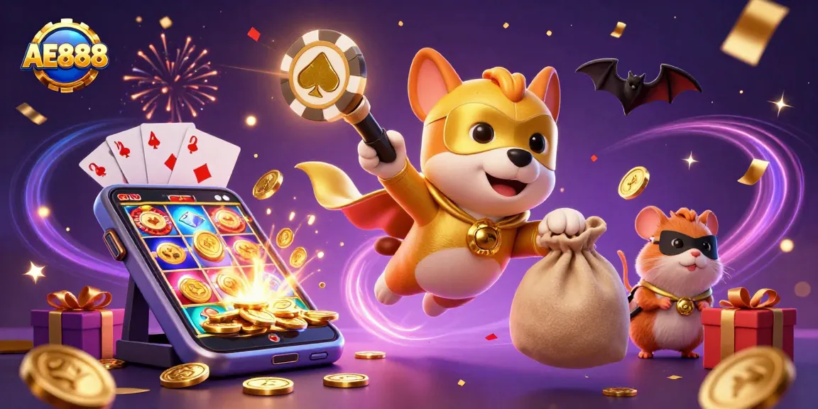 Engage with AE888's thrilling casino adventures led by a superhero dog, surrounded by vibrant gaming elements.