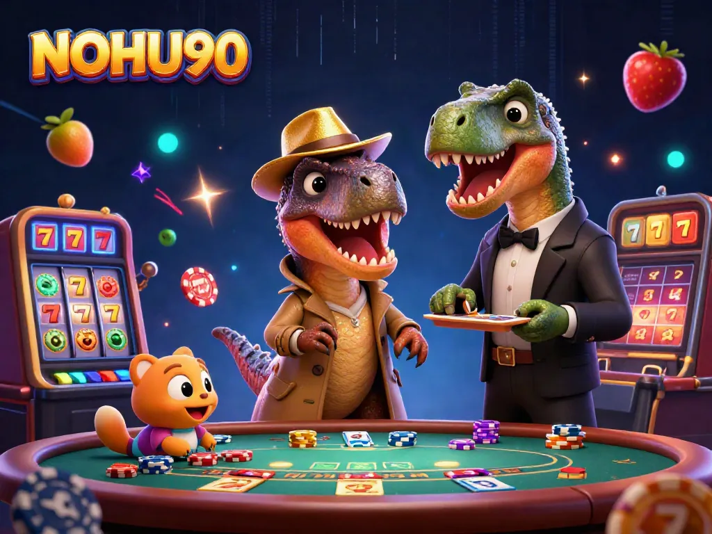 Experience the thrill of NOHU90 with a playful velociraptor at the blackjack table amidst vibrant casino elements.