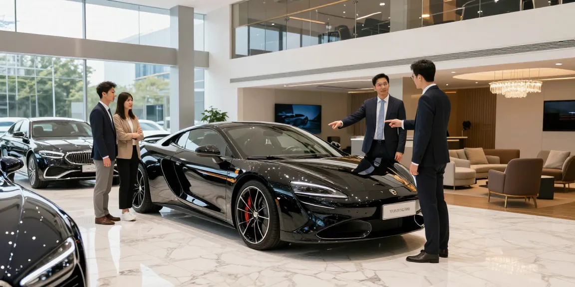 Menampilkan mobil mewah LUXURY 777 di showroom yang elegan dengan lampu terang dan suasana mewah.
