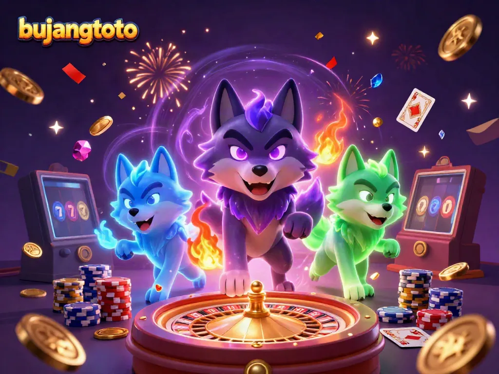 Feel the thrill of winning at bujangtoto, featuring a vibrant casino scene with glowing wolves and cascading coins.