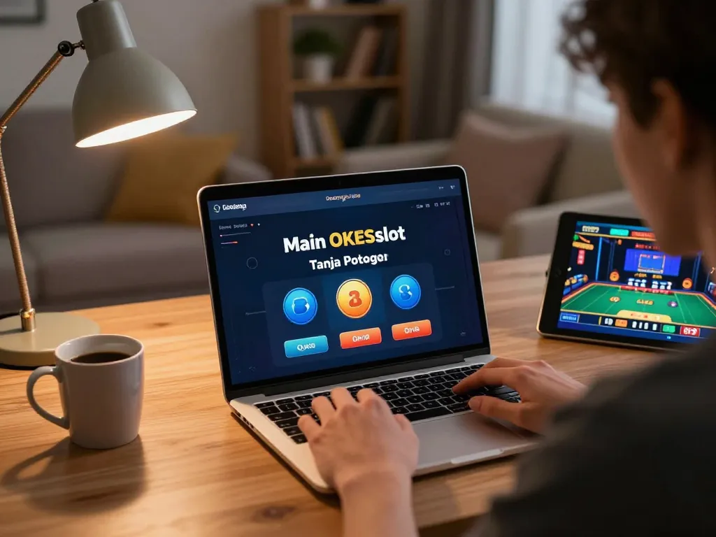 Main OKESlot Deposit Qris Tanpa Potongan seen on a laptop screen as player engages in strategic online gambling.