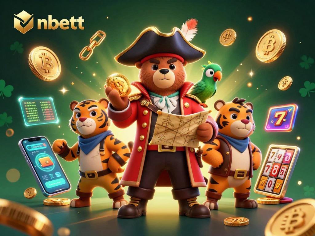 Spin and win with nbett at a vibrant casino scene featuring a pirate bear, tiger, and golden coins.