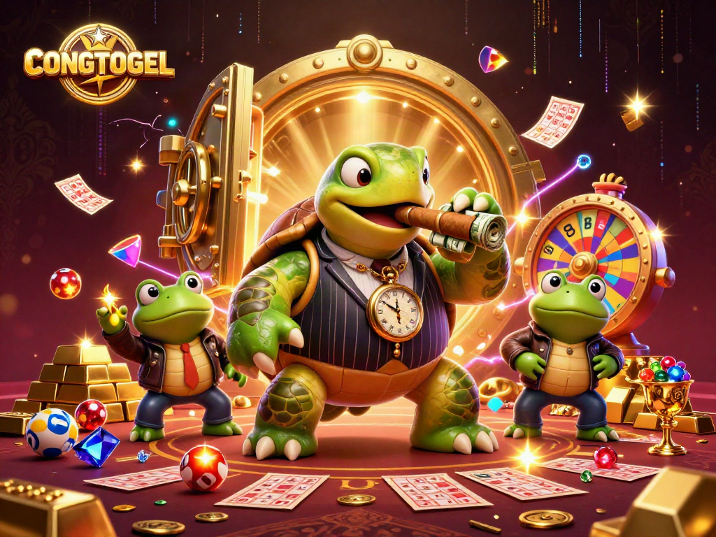 Engage with CONGTOGEL's vibrant lottery scene featuring animated characters and sparkling treasures.