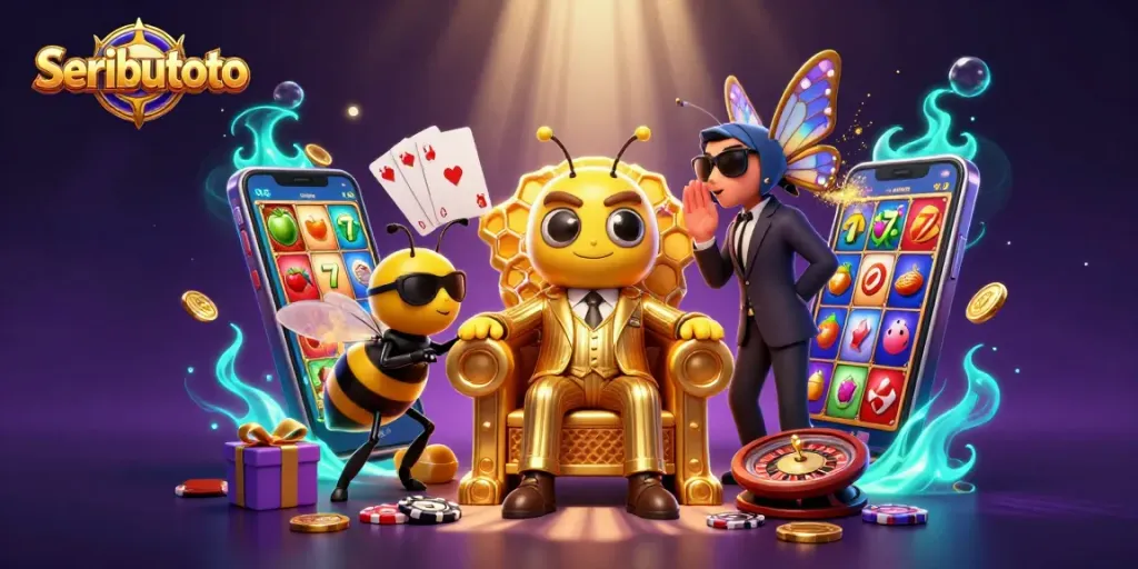 Seributoto's buzzing casino scene showcases a bumblebee boss amidst vibrant slot games and golden rewards.