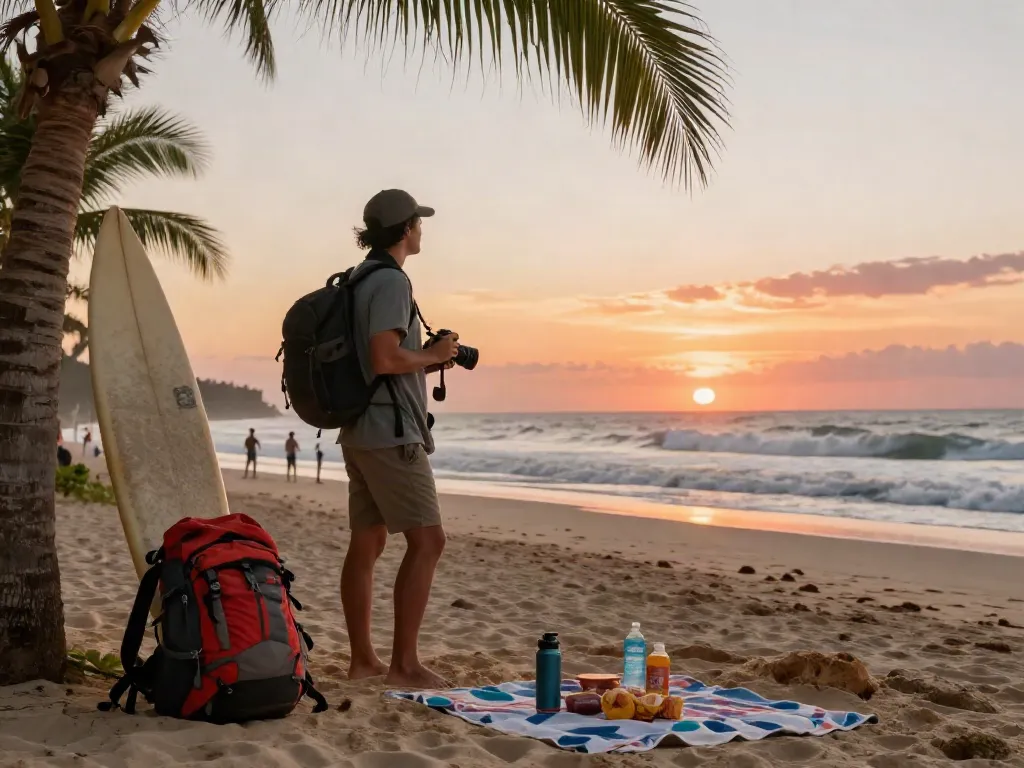 Traveler di pantai saat matahari terbenam, menyiapkan momen indah pecah25 dengan pemandangan laut.