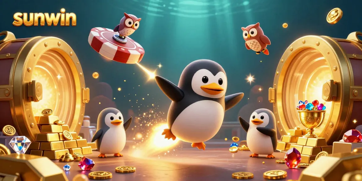 Experience the excitement of sunwin with a golden penguin racing to a cosmic casino, surrounded by treasures.