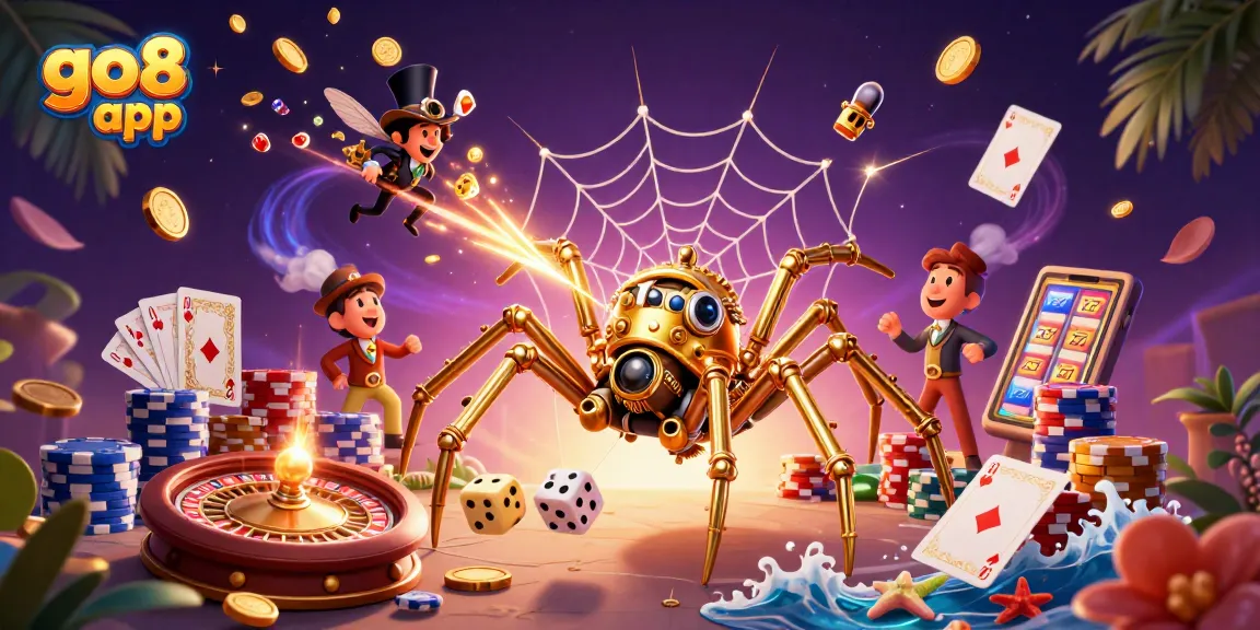 Experience the thrilling go8 app with a vibrant casino scene of steampunk characters and golden winnings.