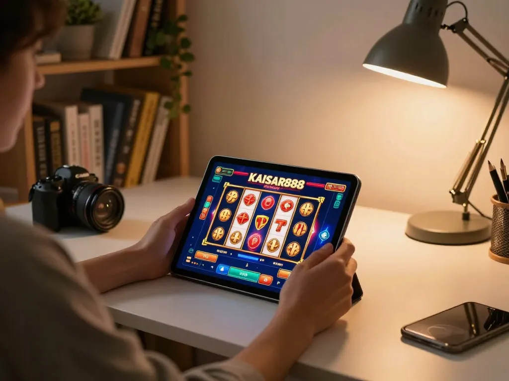 Kaisar888 user enjoying online gaming experience on a tablet in a cozy home office setting