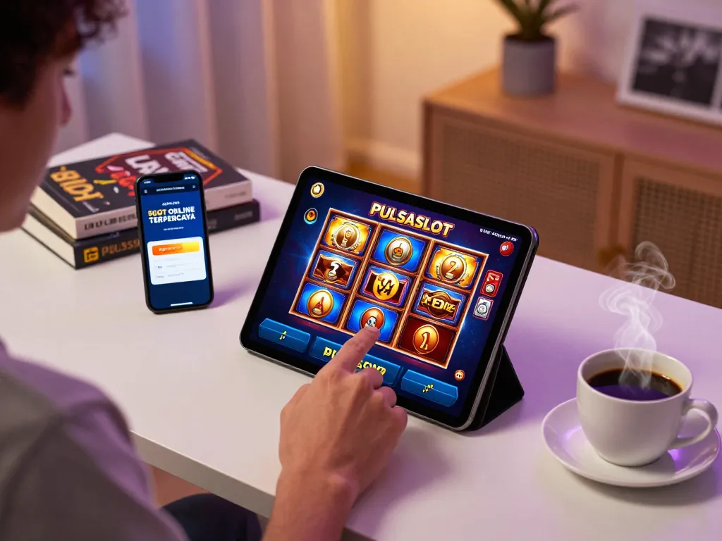 PULSASLOT SLOT ONLINE TERPERCAYA player enjoying dynamic online gaming session on a tablet at home.