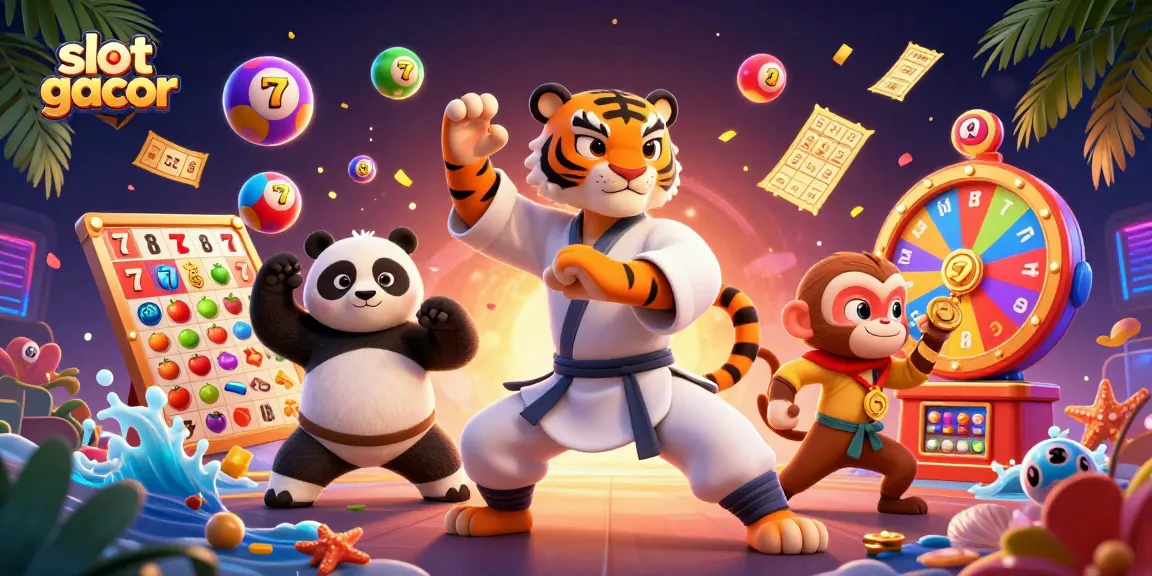 Ilustrasi 3D slot gacor dengan macan kung fu, panda, dan monyet di sekeliling mesin slot dan bola lotere.