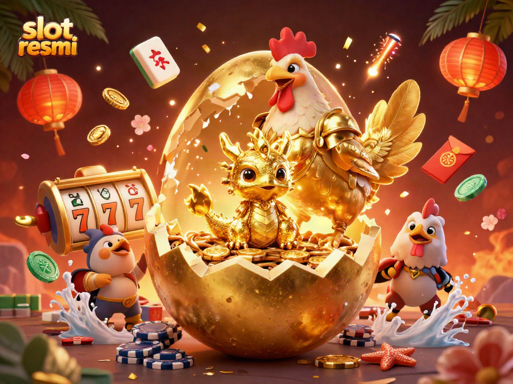 Permainan slot resmi menunjukkan naga bayi emas dalam sarang chip poker, dikelilingi oleh elemen menarik.